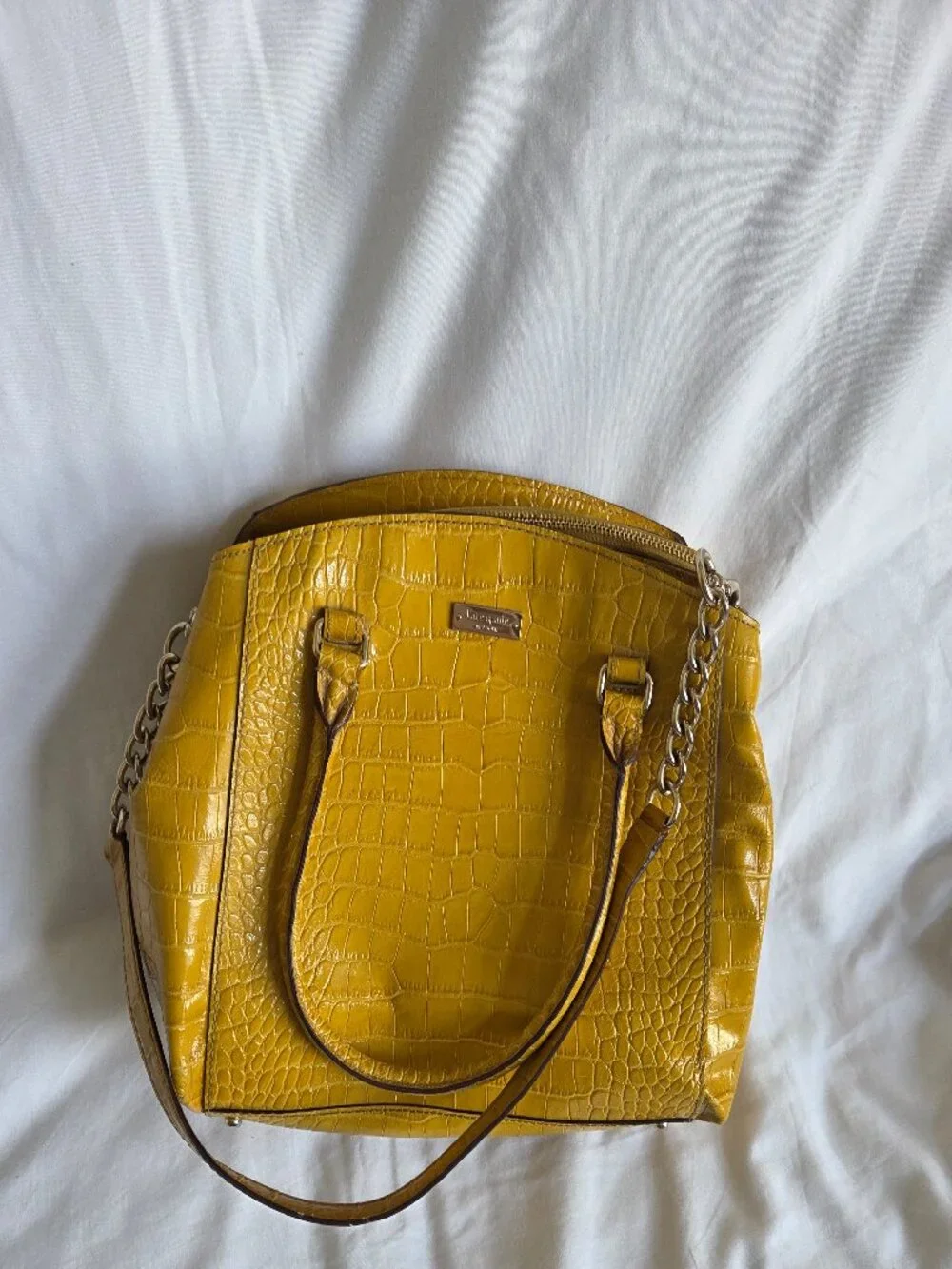 VINTAGE Kate Spade Mustard Yellow Patent Leather Crocodile Embossed Satchel
